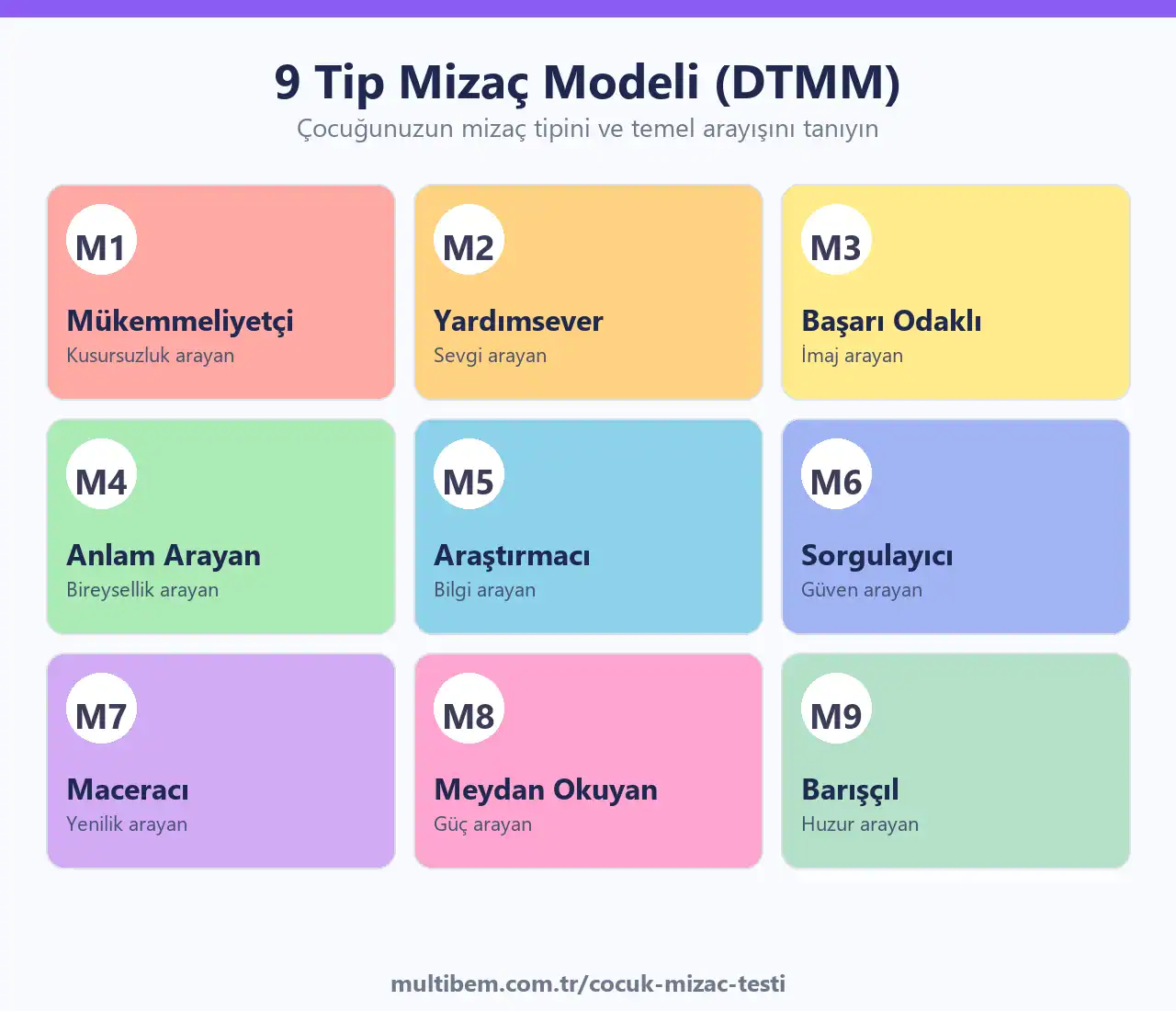 9 Tip Mizaç Modeli DTMM - M1 Mükemmeliyetçi, M2 Yardımsever, M3 Başarı Odaklı, M4 Anlam Arayan, M5 Araştırmacı, M6 Sorgulayıcı, M7 Maceracı, M8 Meydan Okuyan, M9 Barışçıl