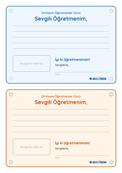 Öğretmenime teşekkür kartı önizleme: Sevgili Öğretmenim yazılı iki kart