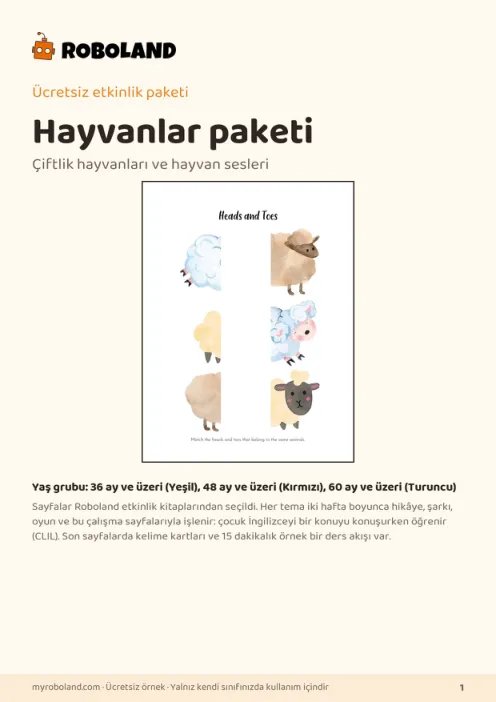 Roboland okul öncesi İngilizce hayvanlar teması etkinlik paketi önizlemesi